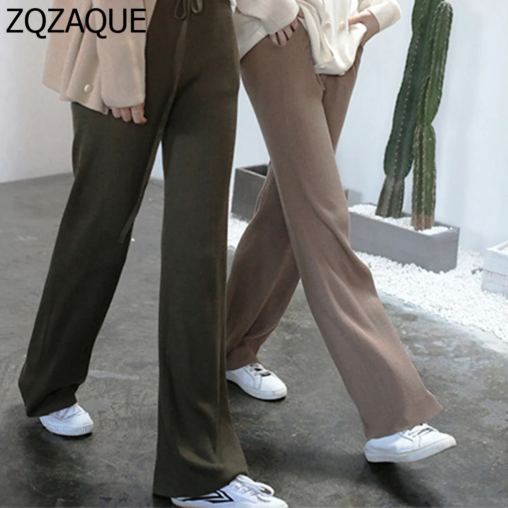 Женские трикотажные брюки повседневные длинные на шнуровке с высокой талией и