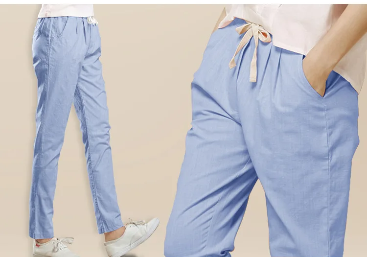 Льняные брюки новинка 2017 женские хлопковые модели султанки карандаш на весну и