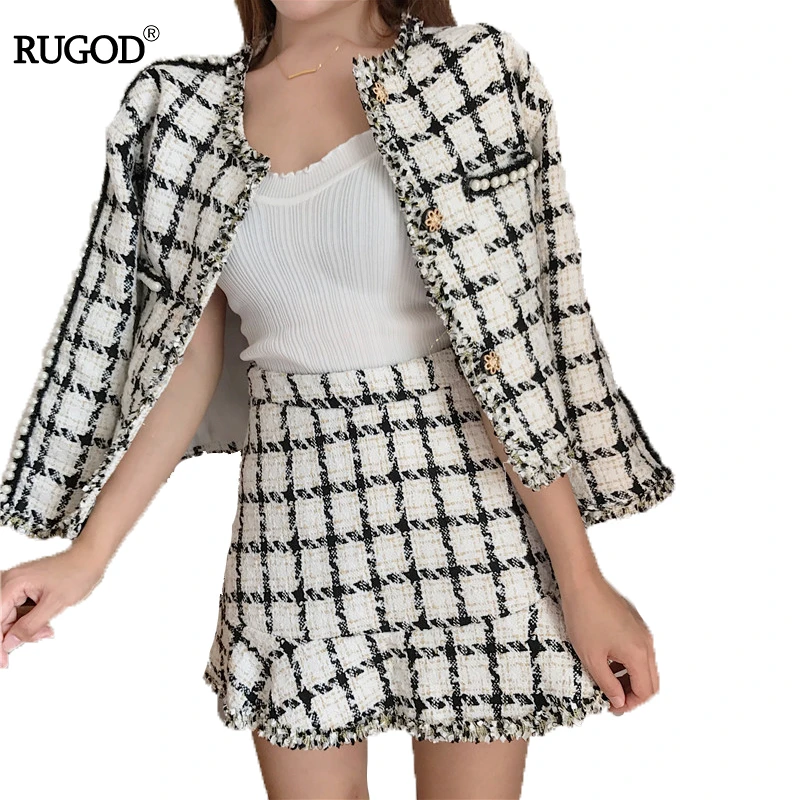 

Женский клетчатый костюм RUGOD из двух предметов, короткий топ на пуговицах с длинным рукавом и короткая юбка с эластичным поясом, 2019