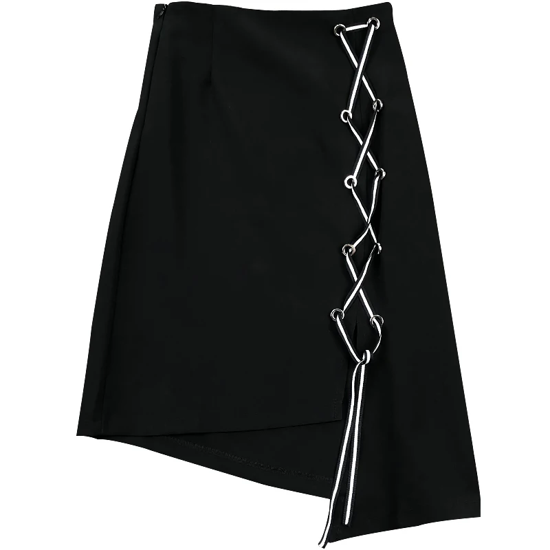 

PERHAPS U Black Solid Asymmetrical Lace Up A Line Knee Length Midi Skirt Empire High Street S0076