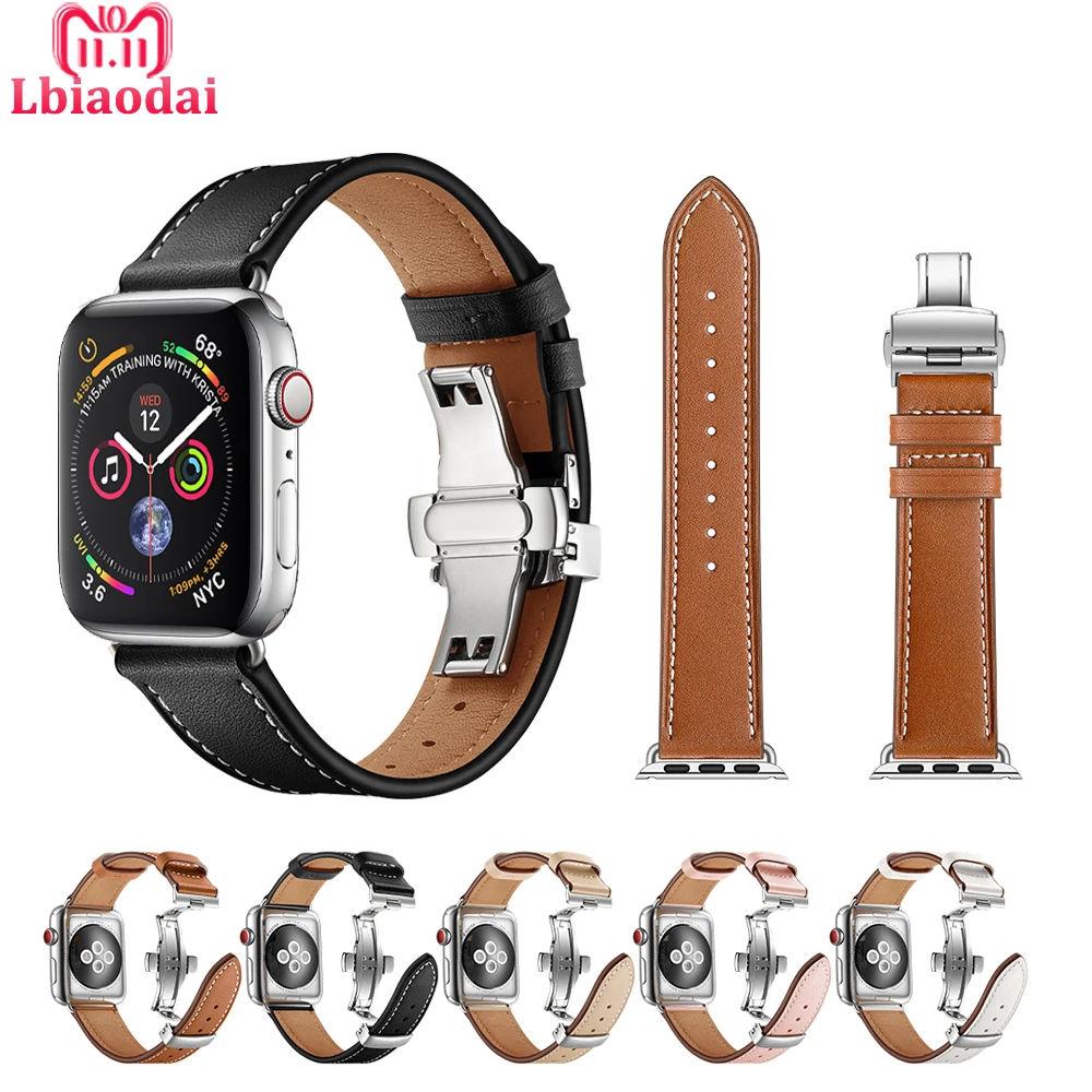 Кожаный ремешок для Apple watch 5 44 мм 40 iwatch 38 42 Бабочка застежка Браслет apple 4 3 2