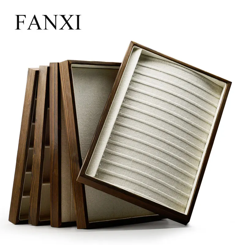 

New Solid Wood Jewelry Display Tray with Linen Dark Coffee Ring Necklace Pendant Bangle Earring Display Tray Organizer Showcae