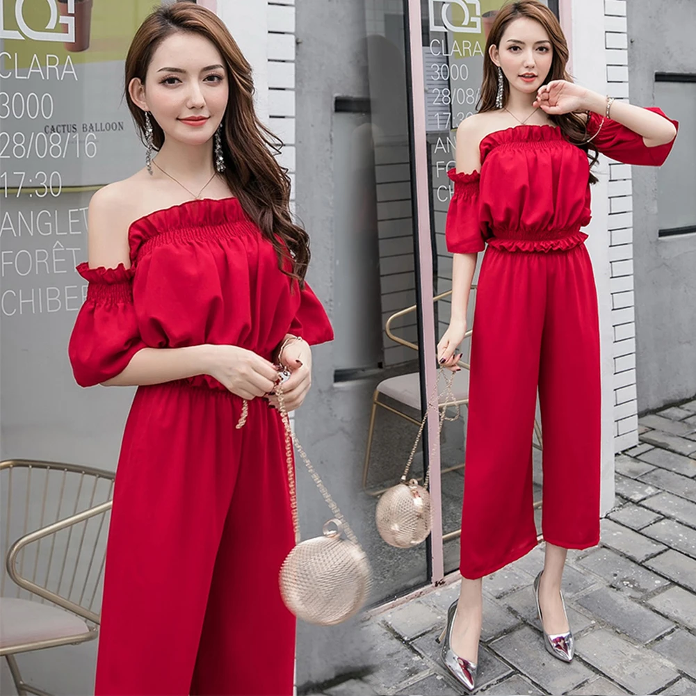 Модные широкие брюки с открытыми плечами и коротким рукавом однотонный весенний