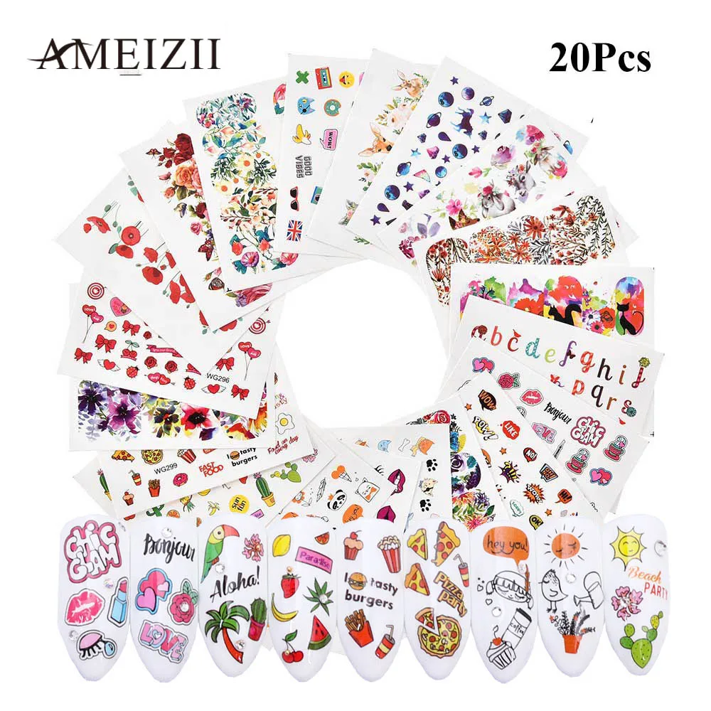 AMEIZII 15/20/24 шт Нейл-арт Стикеры s акварель цветок олень Фламинго водяные наклейки для ногтей передачи слайдер Стикеры DIY украшения