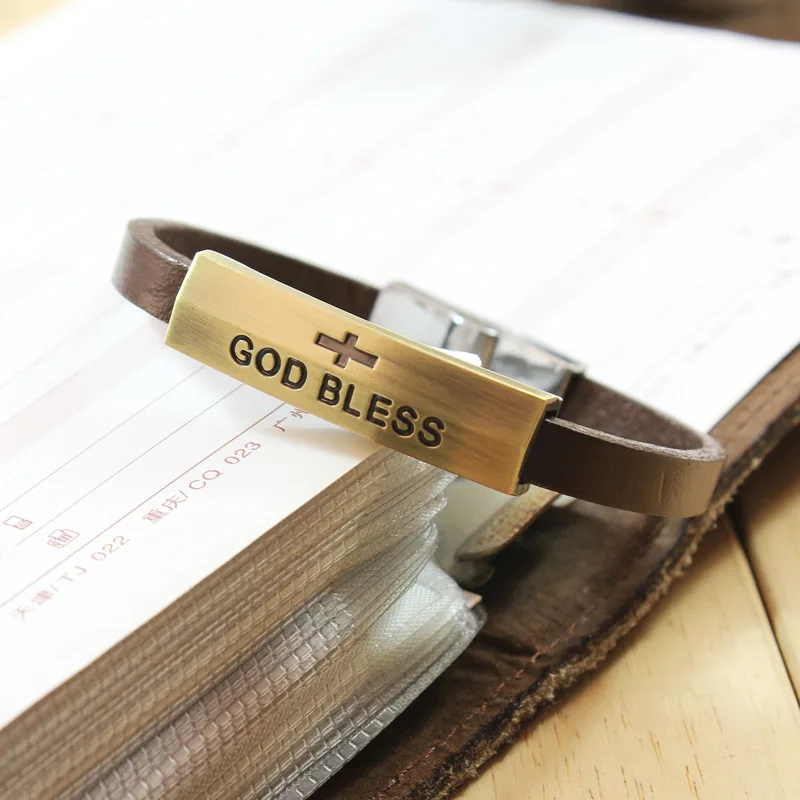 Кожаный винтажный браслет Cross God Bless Words золотой для мужчин античный латунный