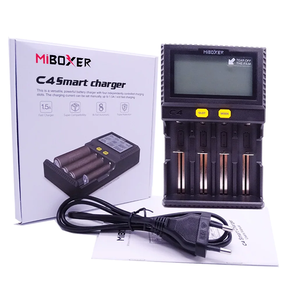Смарт зарядное устройство Miboxer C4 Plus с ЖК дисплеем для Li Ion IMR ICR LiFePO4 18650 14500 26650 21700 AAA