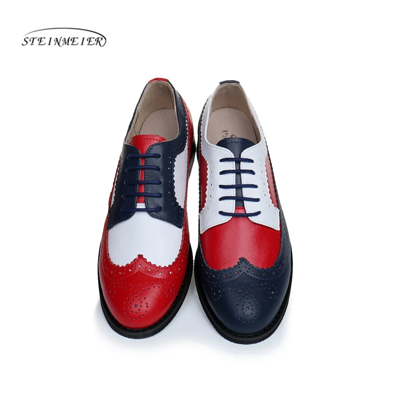 blue white red Женские оксфорды из натуральной кожи; женская обувь на плоской подошве; ручная работа; винтажные лоферы на шнуровке в стиле ретро; коричневые Повседневные тапочки плоские туфли для женщин - Цвет: blue white red