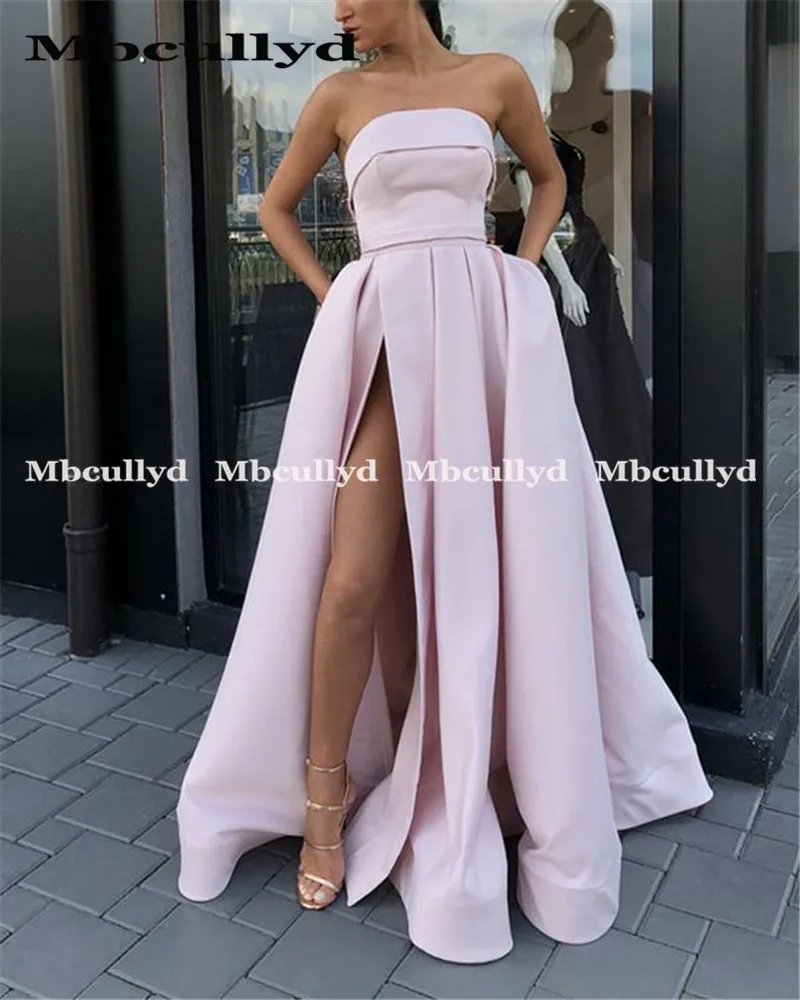 Mbcullyd Sleeveless A Line Prom Dresses 2020 With Pockets Long Split Evening Dress For Women Satin vestidos de fiesta noche | Свадьбы и