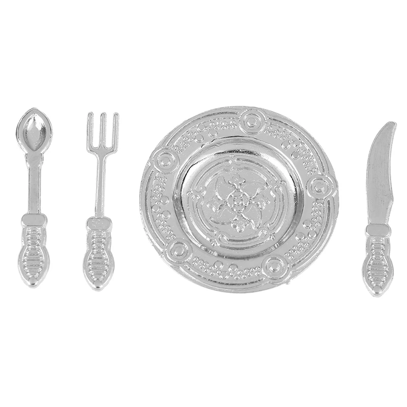 4Pcs/Set Vintage Silverware Set Knife Spoon Fork and Dish Flatware Dollhouse Kitchen Accessories Scale 1:12 Miniature | Игрушки и хобби