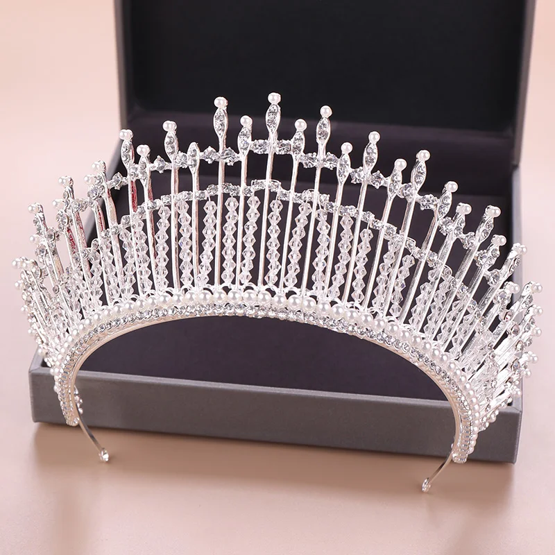 

Fashion Silver Color Women Hair Ornaments Pearl Crystal Rhinestone Tiaras Crown Handmade Diadem Wedding Bride Hair Accessories