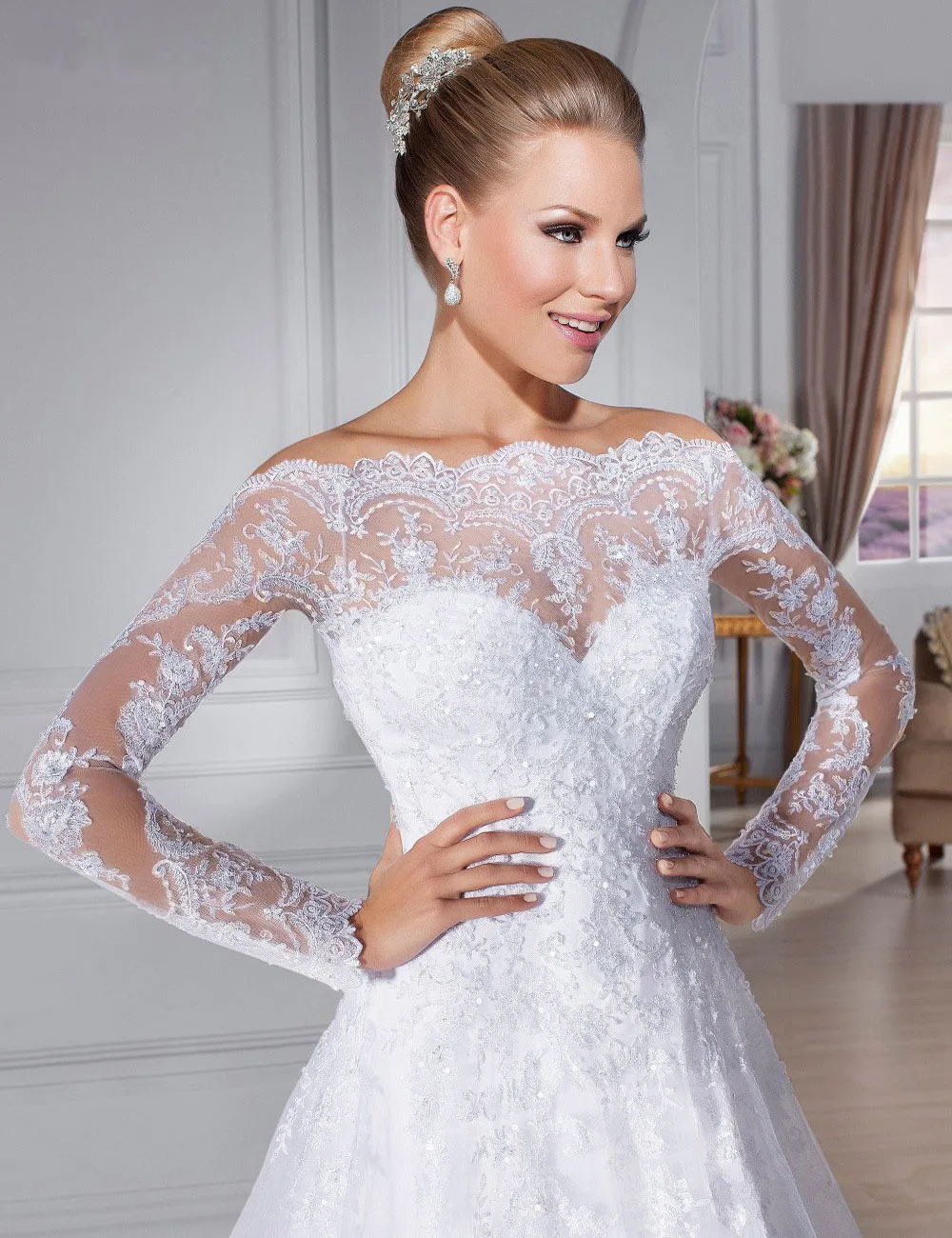 Vestidos де noiva 2017 Свадебное Платье Кружева Лодка Шеи Squined Аппликации Бальное платье