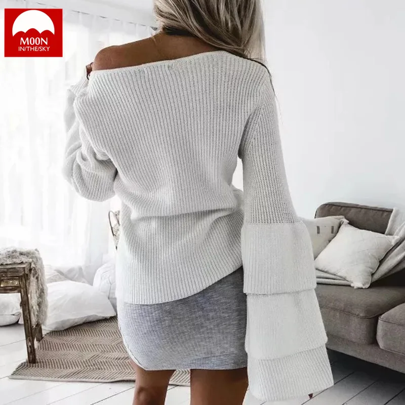 MOON IN THE SKY The New Bell Sleeve Warm Sweater Woman Autumn And Winter Knitting Shirt Solid Color MY-005 | Женская одежда