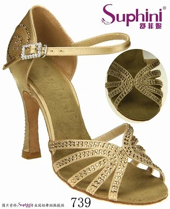 Tan 10cm heel Suphini/Женская Профессиональная мягкая Сальса; латиноамериканские бальные танцы; обувь со стразами для латинских танцев - Цвет: Tan 10cm heel