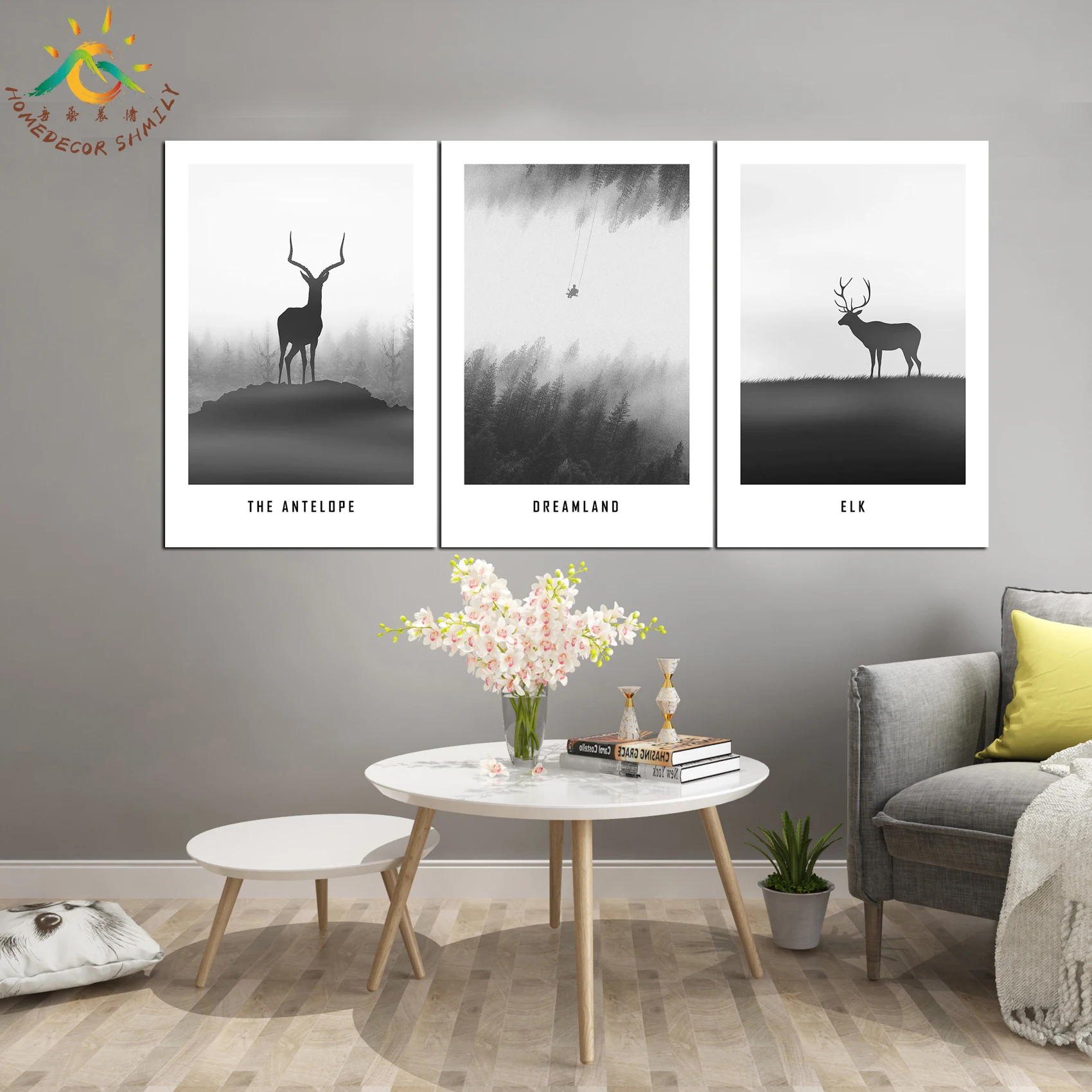 Настенный постер в скандинавском стиле с изображением черно-белого оленя