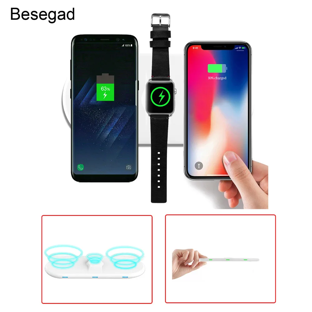 Беспроводное зарядное устройство Besegad 3 в 1 QI для Apple Watch iPhone 10X8 Plus Samsung Galaxy S9