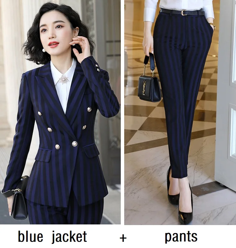 blue jacket pants Женские костюмы, тонкие осенние полосатые куртки с длинным рукавом и штаны, комплект из 2 предметов, OL Официальные Женские Брючные костюмы, женские костюмы 9851 - Цвет: blue jacket pants