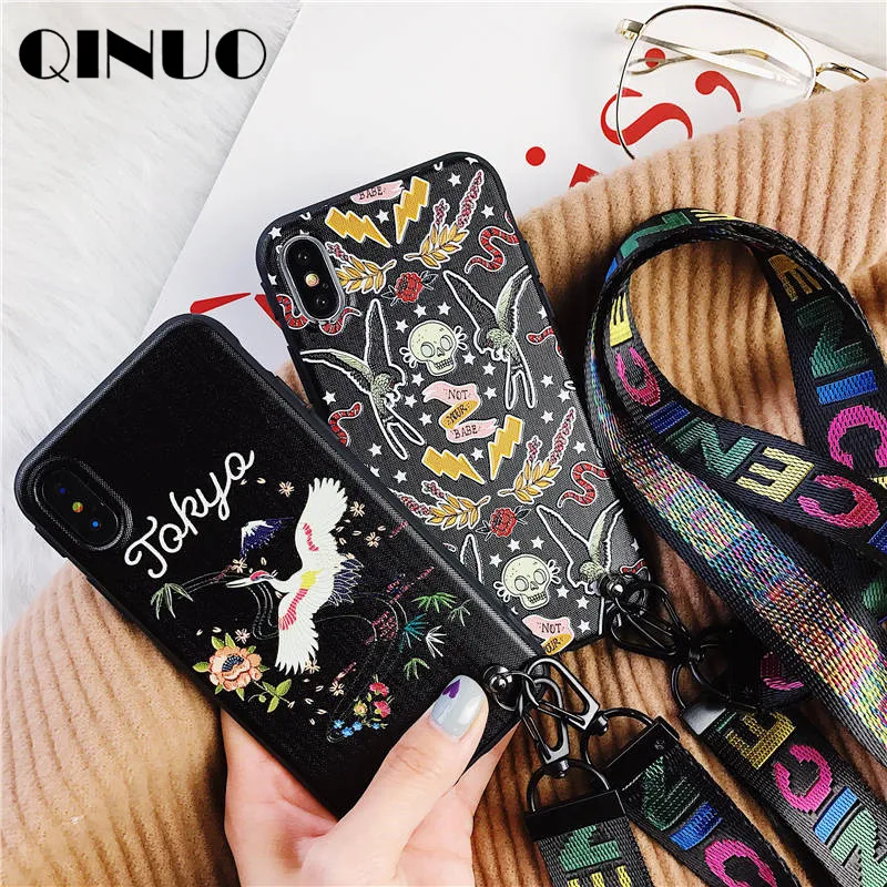 QINUO Cool Skull Hummingbird relief Strap Case For iPhone 6 6s 7 8 Plus Abstract Crane Flower Soft X XS Max XR |