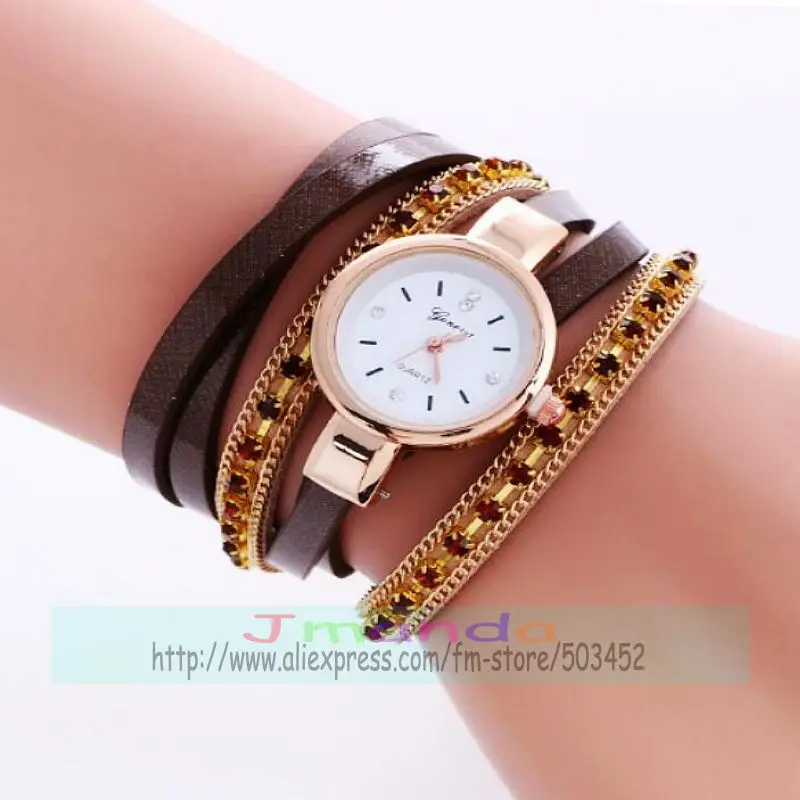 100 шт./лот модные женские часы geneva с кожаным ремешком элегантные кристаллами и