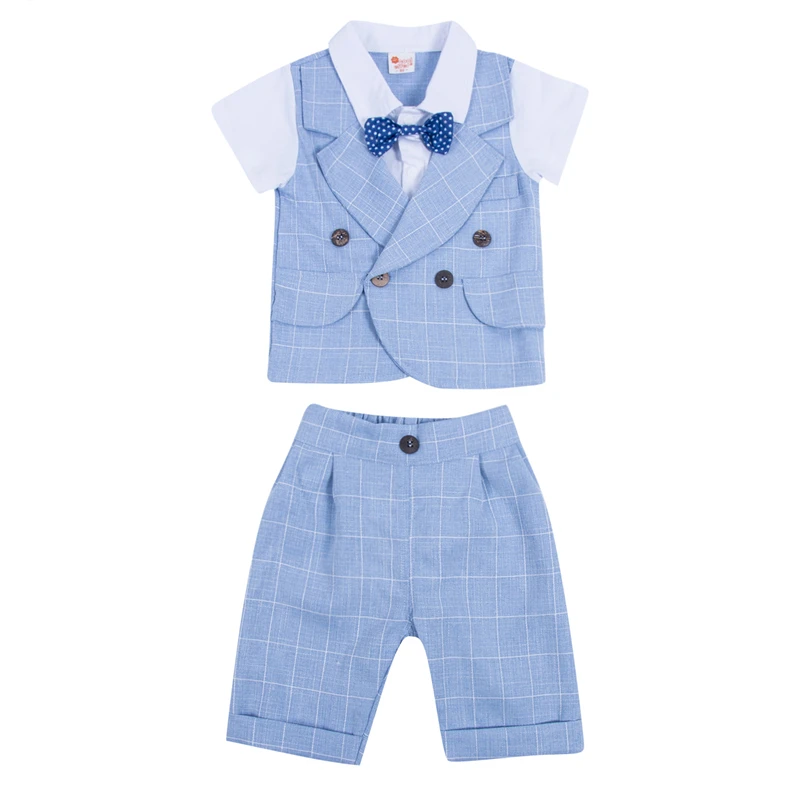 

2018 Baby Boy Clothes Set 0-4Y Toddler Kids Formal Short Sleeve Bowknot Tie Shirt Top Plaid Pants Gentleman Suit Summer Outfit