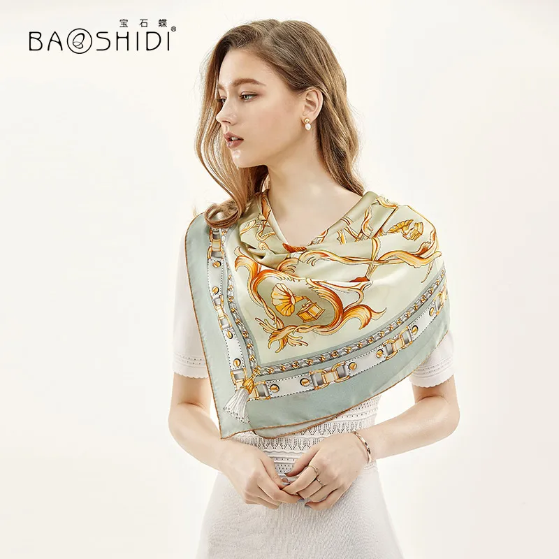 Женский шарф из 100% сатина BAOSHIDI большой квадратный шелка роскошный брендовый