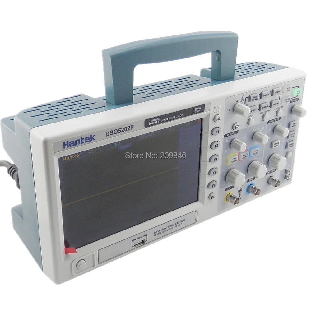 7'' TFT LCD 2CH Record Length 40K USB AC110-220V 200MHz 2 Channels 1GSa/s Hantek DSO5202P Digital storage oscilloscope |