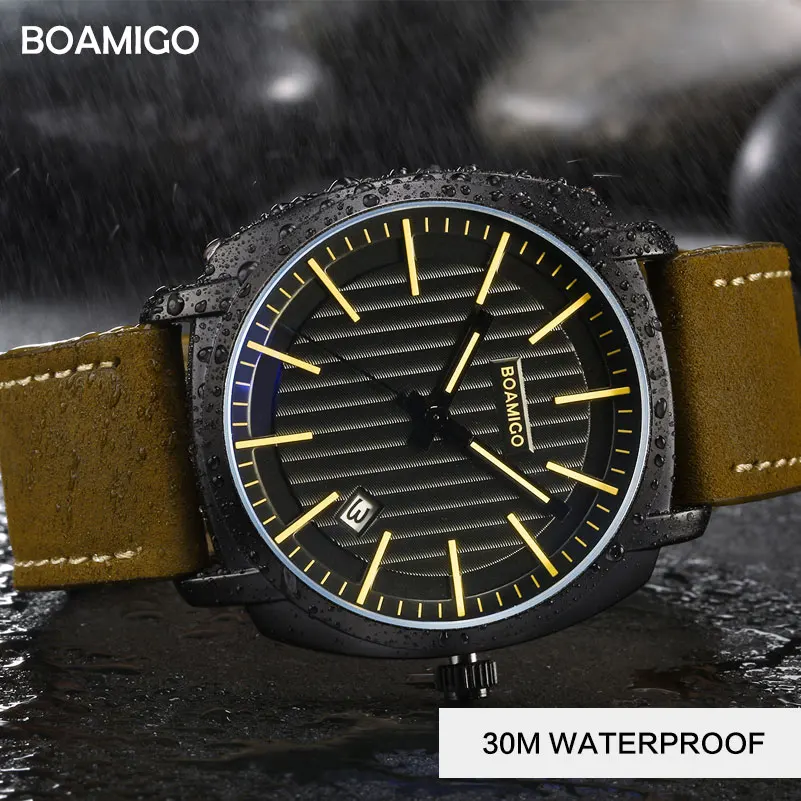 Модные мужские часы BOAMIGO Топ бренд Роскошные Кварцевые кожаный ремешок