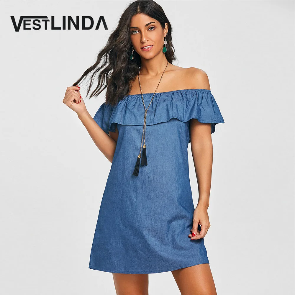 Женское джинсовое платье VESTLINDA летнее короткое Повседневное с оборками и
