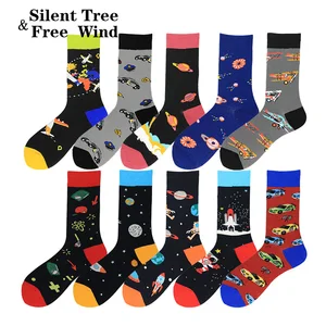 Носки мужские, разноцветные, забавные, в стиле Харадзюку, хип-хоп, космический самолет, звезда, земля, космонавт, автомобиль