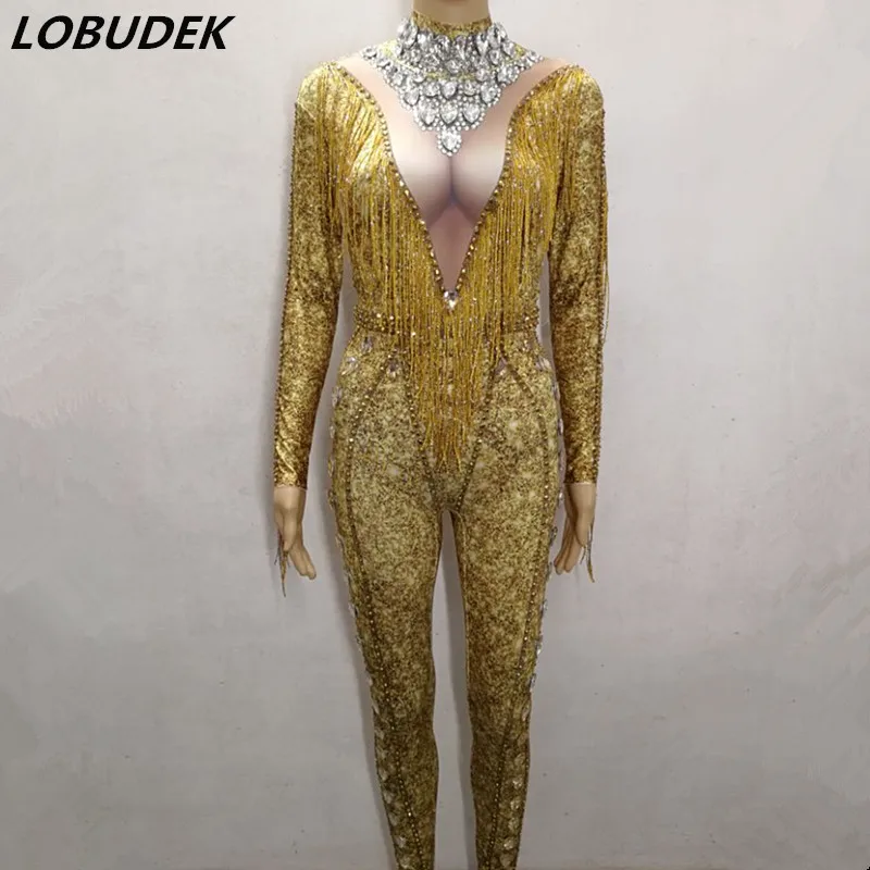 Gold Tassels Jumpsuit Sparkly Rhinestones Long Sleeve Jumpsuits Sexy Stretch Women Stage Costume Singer Party Celebration Outfit