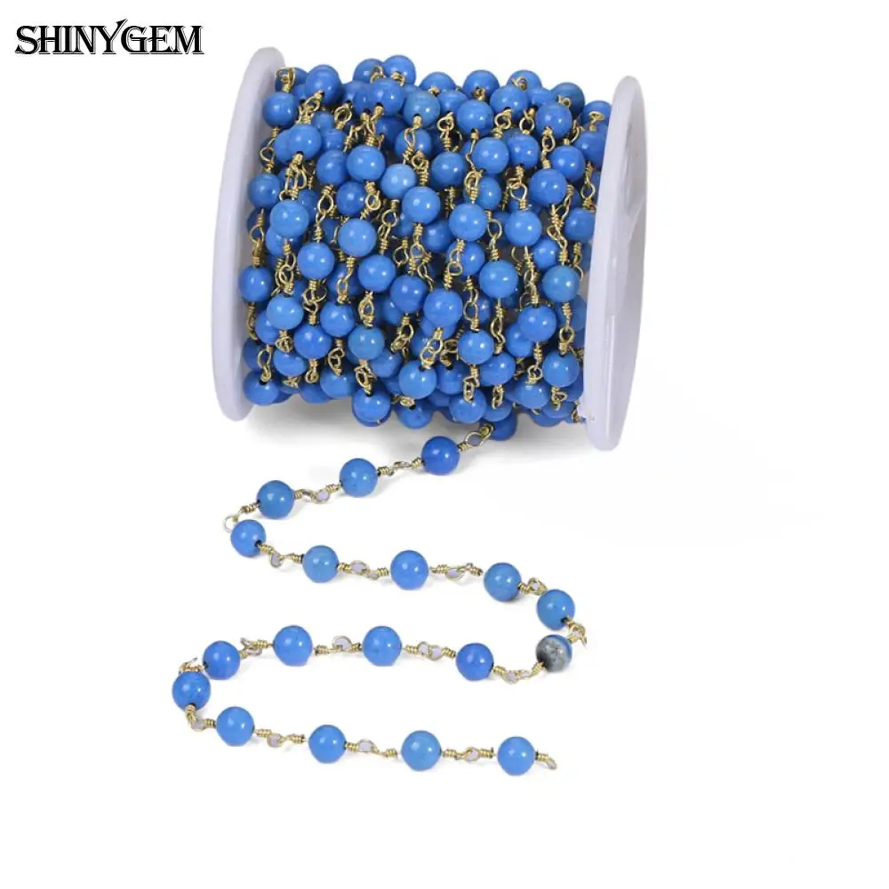 ShinyGem натуральный бирюзовый браслет из бисера 24 К золотой позолоченный браслет в виде четок цепи натуральный камень цепочка из бисера для изготовления ювелирных изделий 5 м/лот - Цвет: Blue(6mm)
