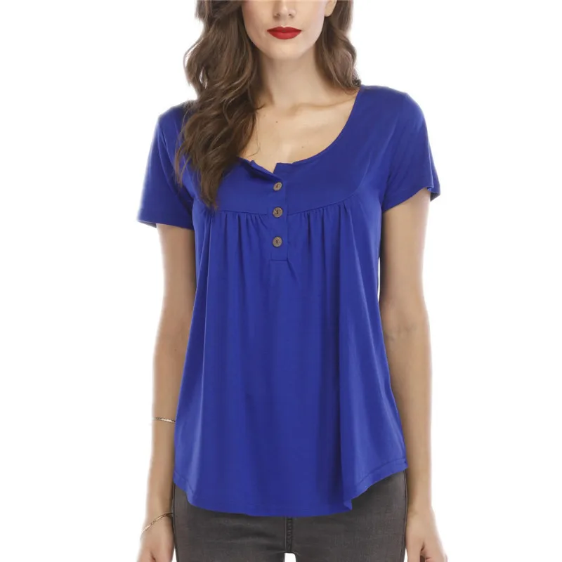 

2019 Summer Women Shirts Casual O-neck Pleated Buttons Loose Ladies T-shirts Short Sleeves Female Tops Solid Blue Tops