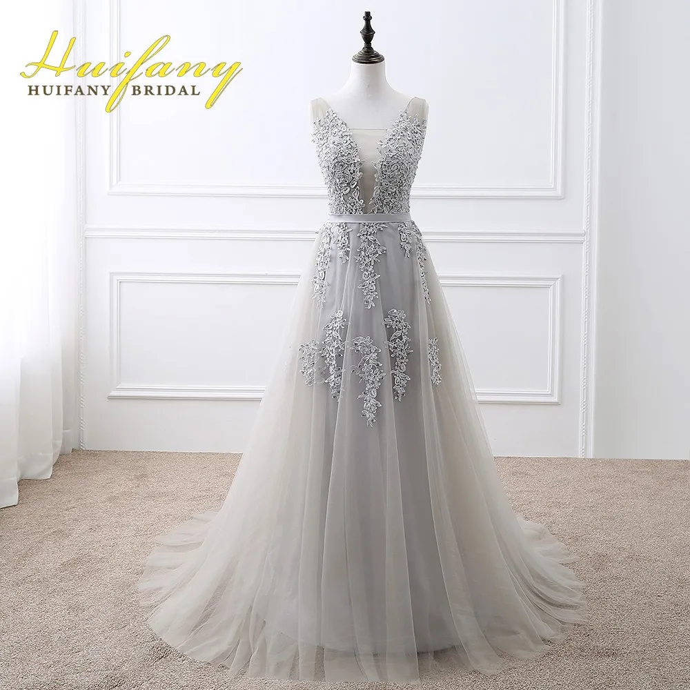 Праздничное платье 2018 элегантные V шеи Кружева аппликация бисером длинное