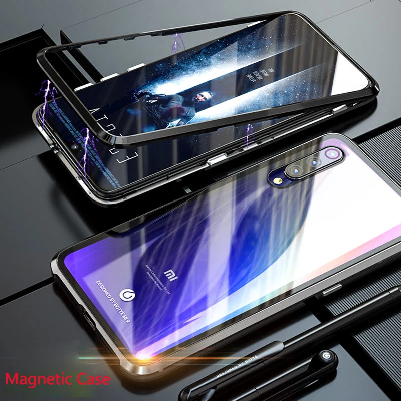 Магнитный металлический чехол для Xiaomi Mi 9 прозрачный стеклянный + Гидрогелевая