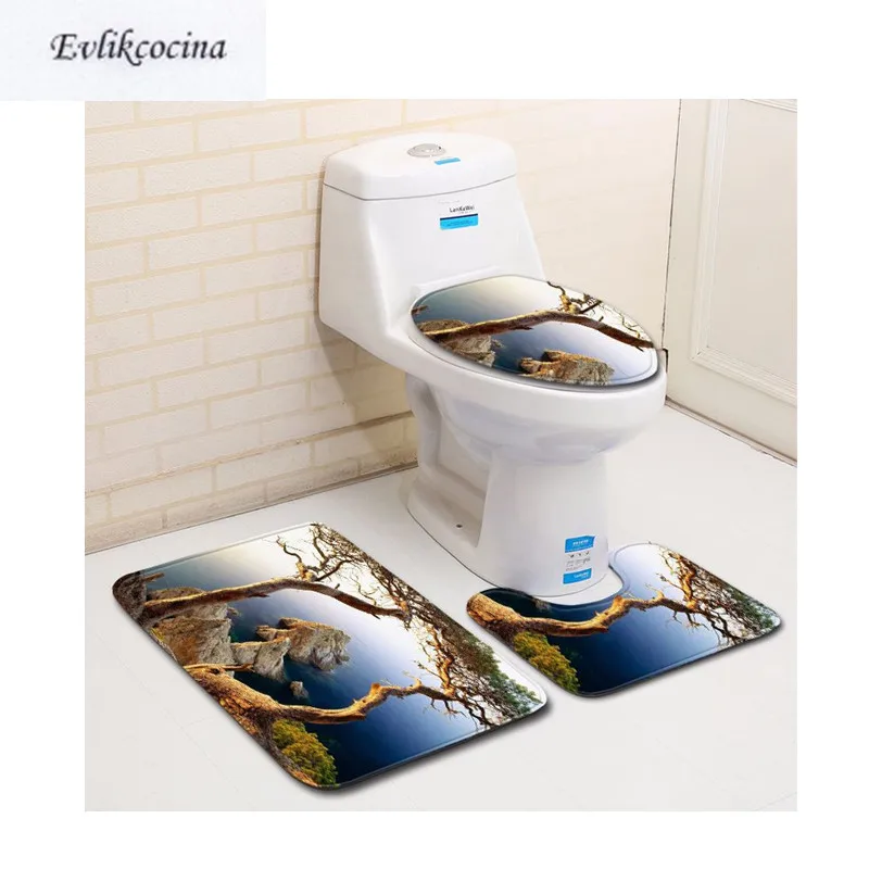 

Free Shipping 3Pcs Trees Beside Sea Casa De Banho Bathroom Carpet Toilet Bath Mat Set Non Slip Tapis Salle De Bain Alfombra Bano