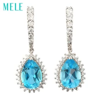 mele natural blue topaz silver earring pears 7mm10mm deep blue color and professional cutting fine and exquisite jewelry