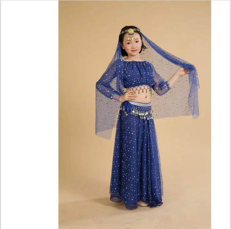 Детский костюм для индийского танца из 5 предметов девочек (топ платье вуаль пояс