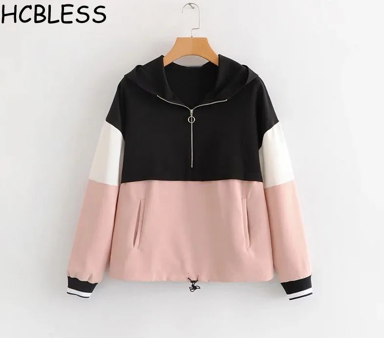 

HCBLESS 2018 autumn new color matching zipper pocket loose hooded sweatshirts wild ladies hoodies sweatshirts women