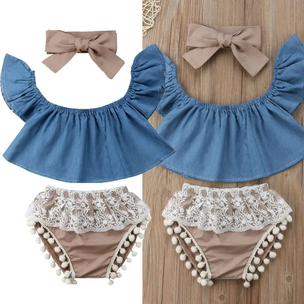 3PCS Newborn Baby Girls Summer Clothes Short Off-Shoulder Shirt + Shorts with Lace and Pompon Headband Outfits | Детская одежда и