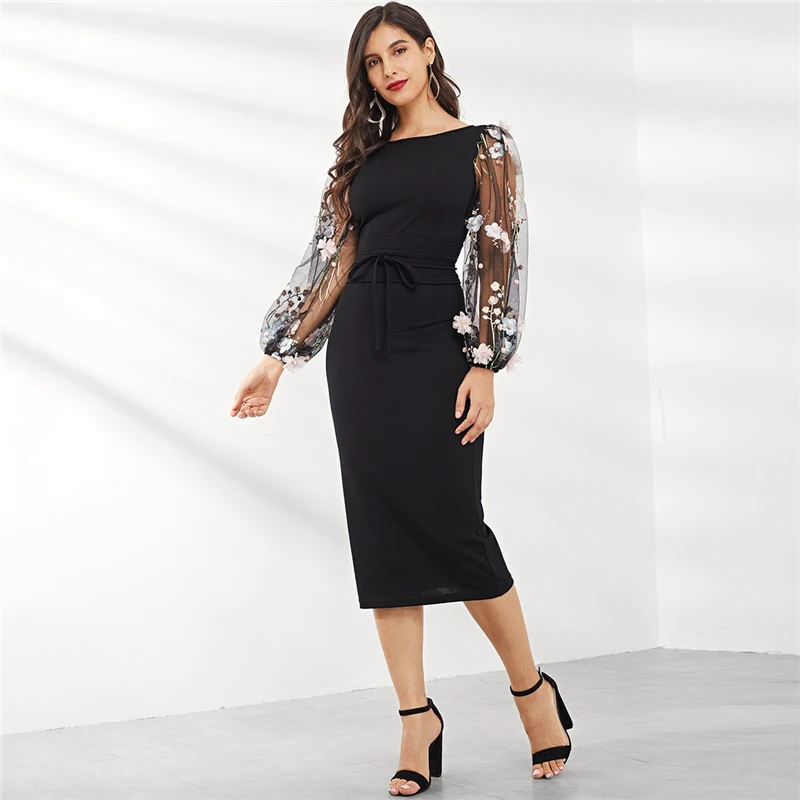 SHEIN черное платье-карандаш с аппликацией и вышитыми сетчатыми рукавами, женские осенние элегантные повседневные платья-карандаш с вырезом лодочкой