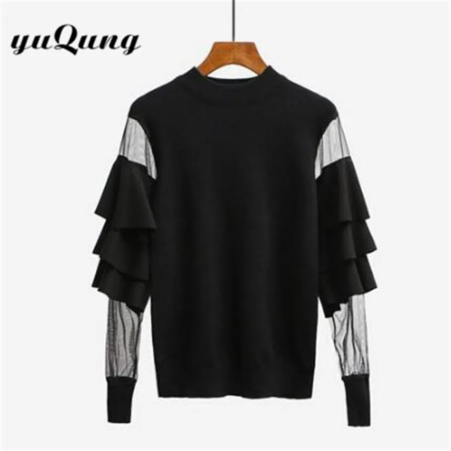 Yuqung женский слой кардиган с воланами новый осенне-зимний сетчатый пуловер