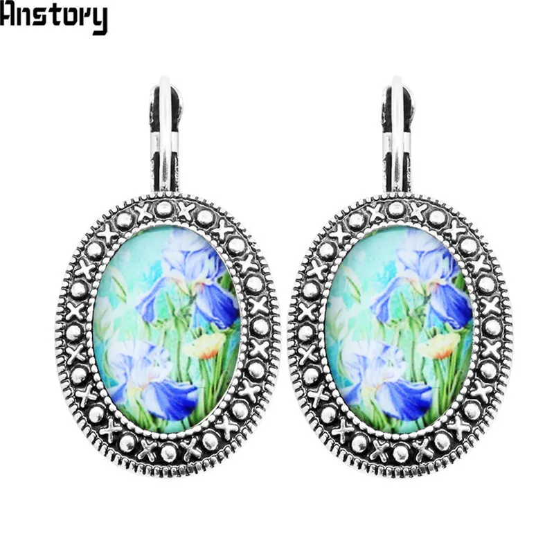 Oval Acrylic Daffodil Flower Earrings Vintage Pendant For Women Antique Silver Plated Fashion Jewelry TE446 | Украшения и