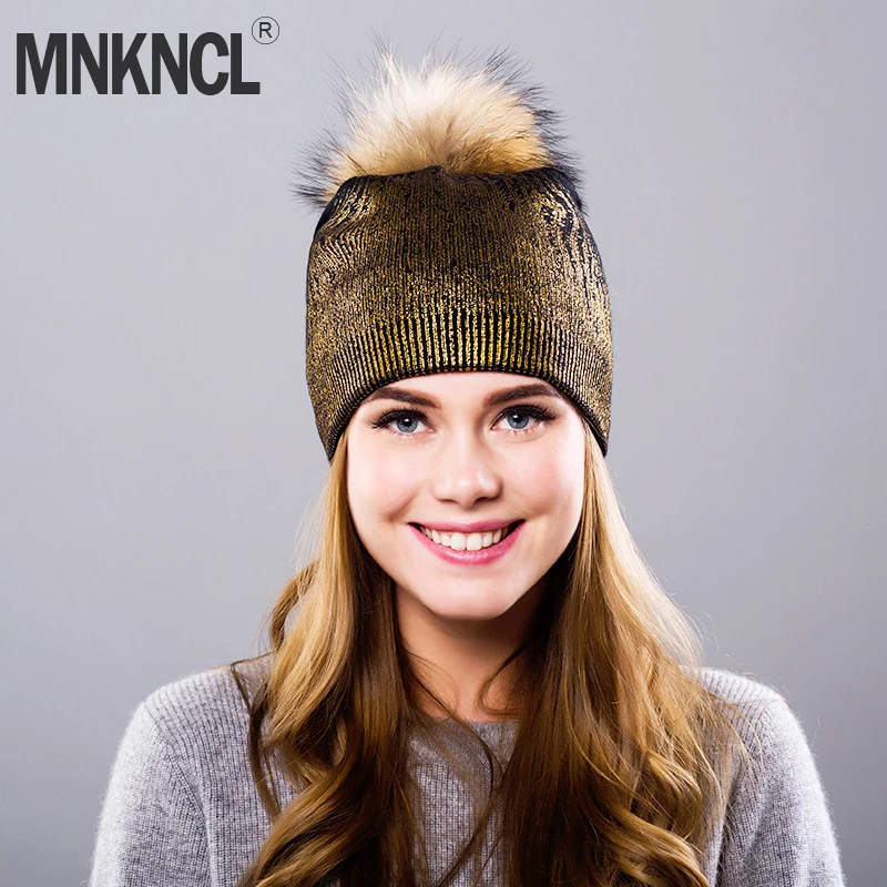 MNKNCL бронзированные двухслойные вязаные зимние шапки женские модные кашемир мех