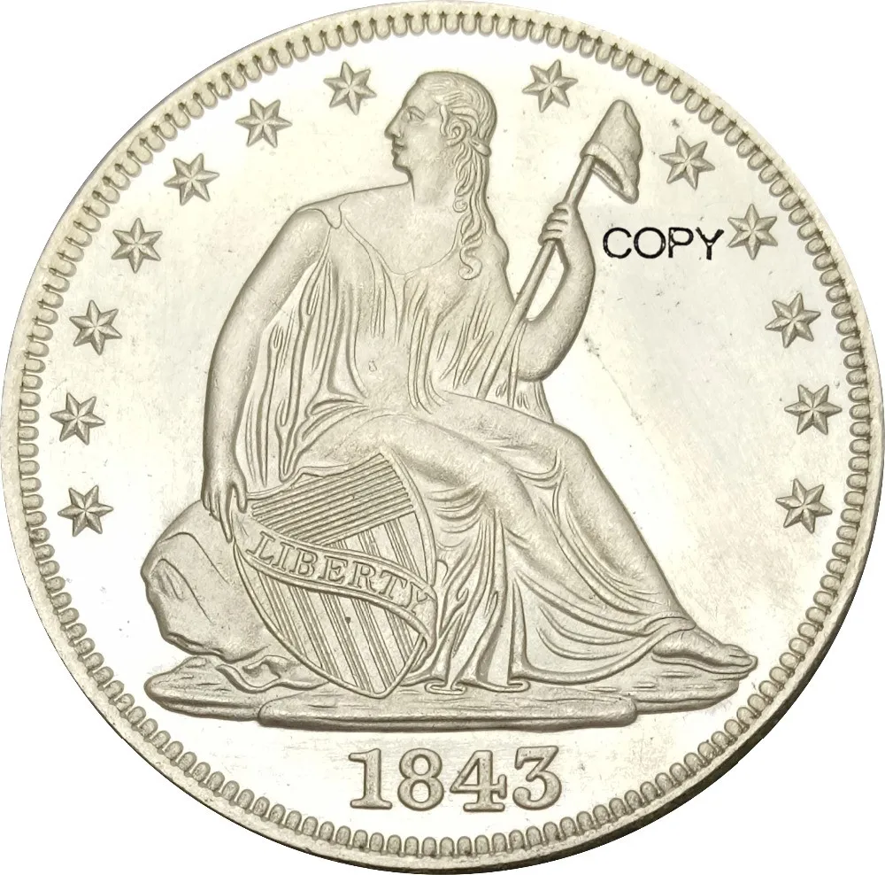 

Соединенные Штаты свободы сидя половина долларов без девиза над орлом 1843 латунная Посеребренная копия монеты