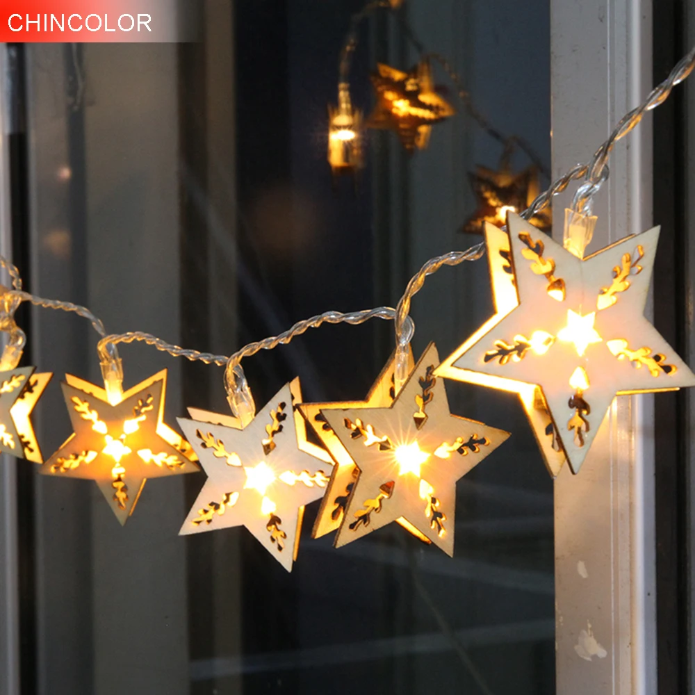 Wooden Holiday lights five-pointed star Led Light string 20-38Leds 5-10m EU Plug Garland Birthday Party christmas fairy decor DA | Лампы и
