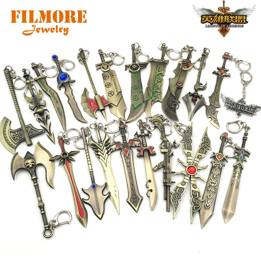 24pcs/lot Hot Game Jewelry LoL Weapon Keychain Metal Alloy Sword Key Rings Key Holder For Player's Gifts Mix Designs Wholesale