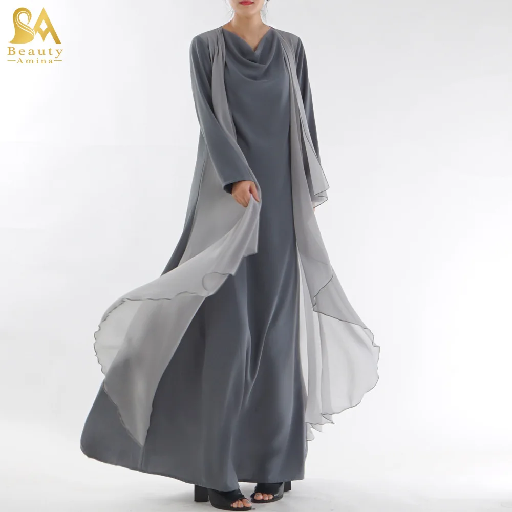 Женское шифоновое платье в стиле «абайя», длинное платье макси с имитацией двух предметов в стиле пэчворк, мусульманская одежда, 2019
