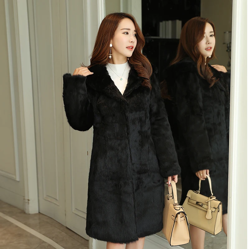 Женская Шуба из натурального кроличьего меха длинная осенне-зимняя шуба с