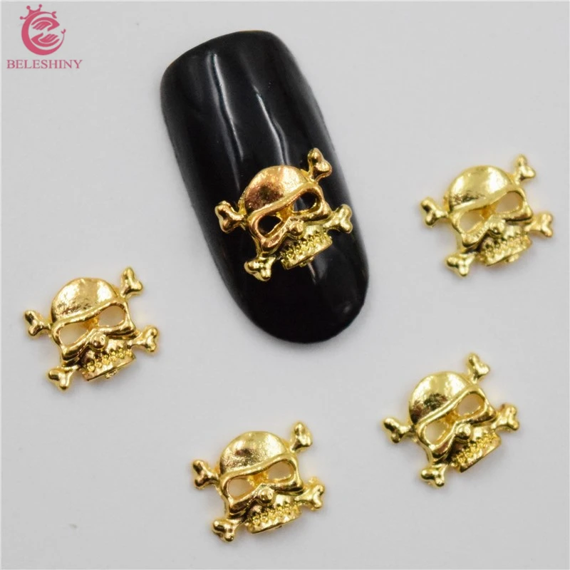 50 шт. новые золотые наклейки на ногти с черепом 3D металлический сплав для