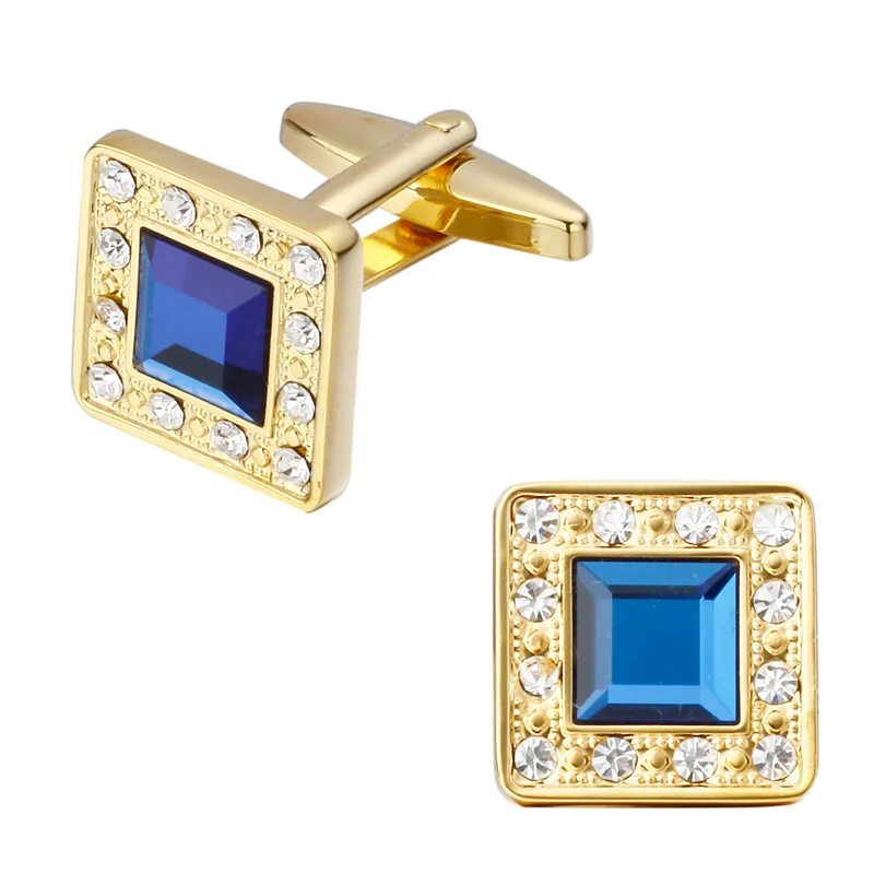 

Fashion brand gold Cufflinks Golden Square Blue Crystal man Jewelry Wedding high-grade Cufflinks