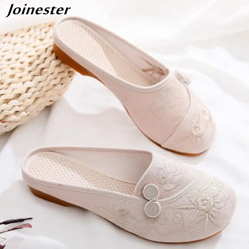 

Women Summer Slippers Ladies Round Toe Embroider Flat Sandals Slipper Casual Loafers Walking Beach Shoes Retro Canvas Slides